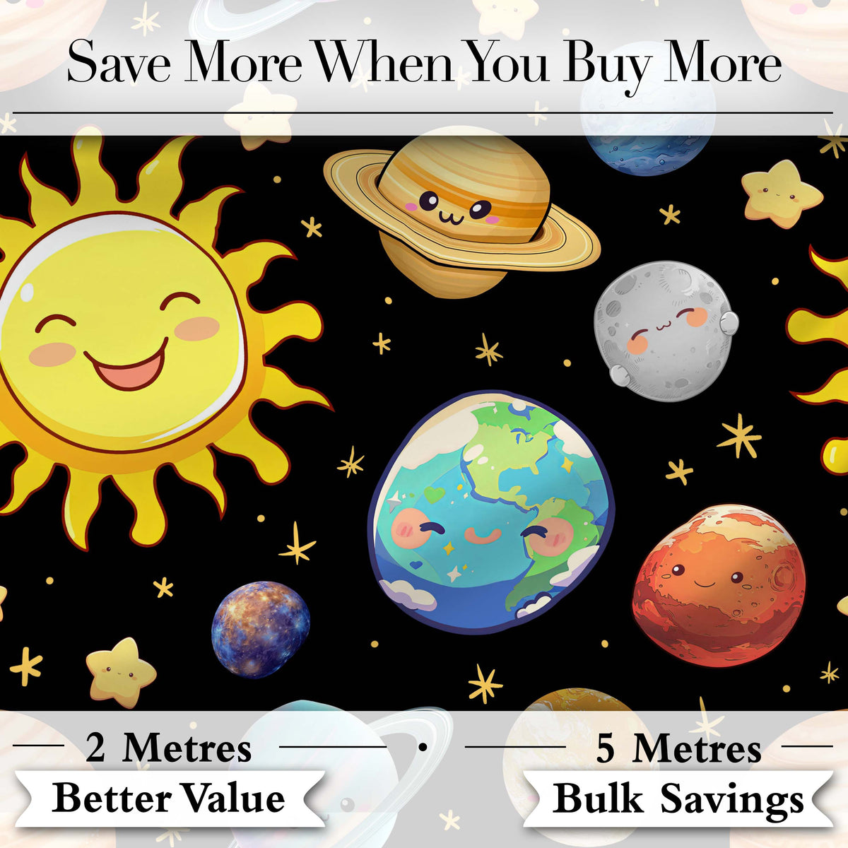 Solar System Sun Earth Saturn Planets Stars Seamless Black Background Digital Print Fabric by the Metre UK Sewing Quilting Textile