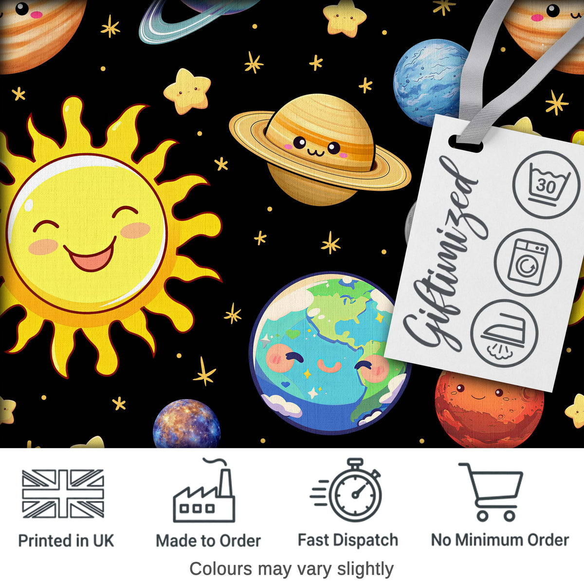 Solar System Sun Earth Saturn Planets Stars Seamless Black Background Digital Print Fabric by the Metre UK Sewing Quilting Textile