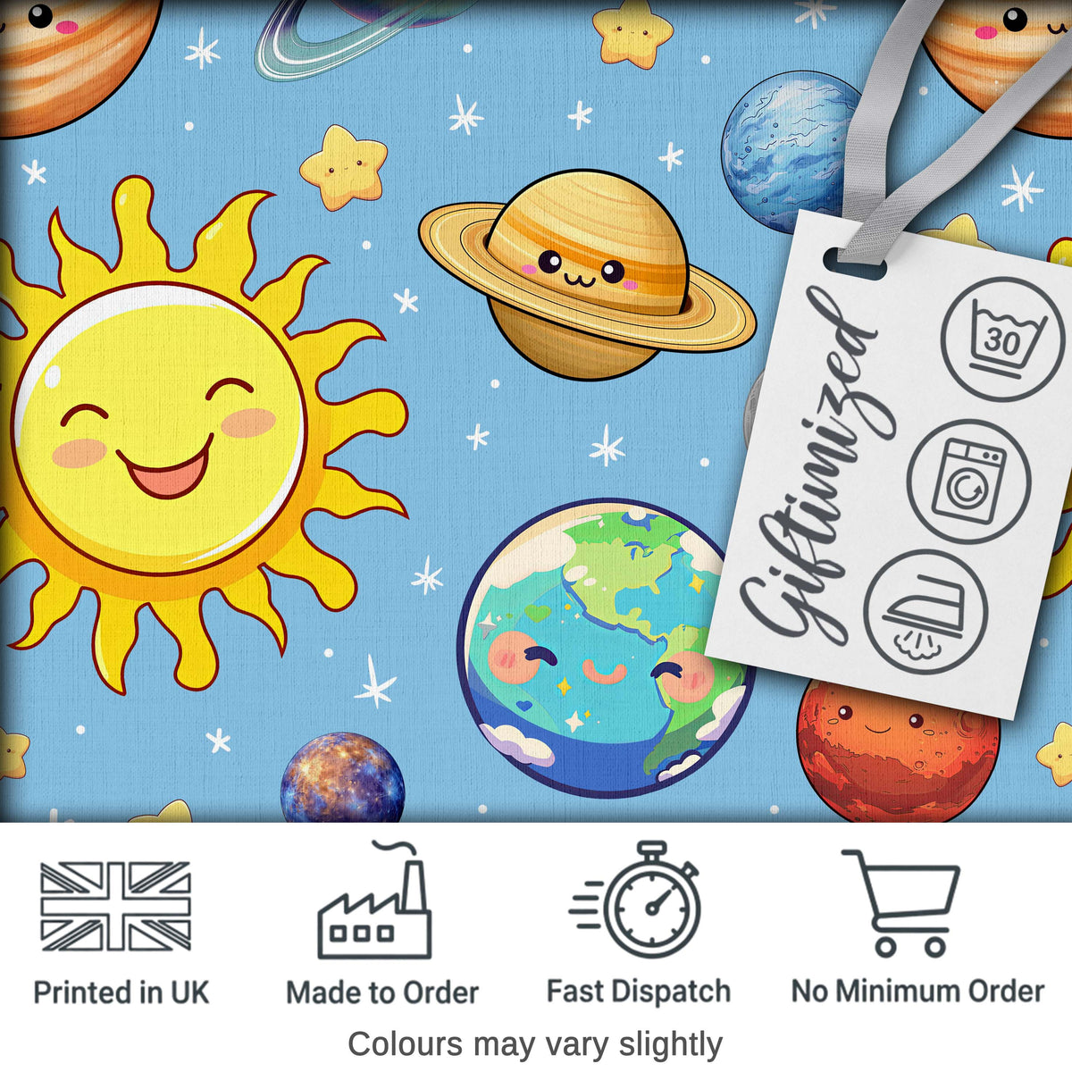 Solar System Sun Earth Saturn Planets Stars Seamless Blue Background Digital Print Fabric by the Metre UK Sewing Quilting Textile