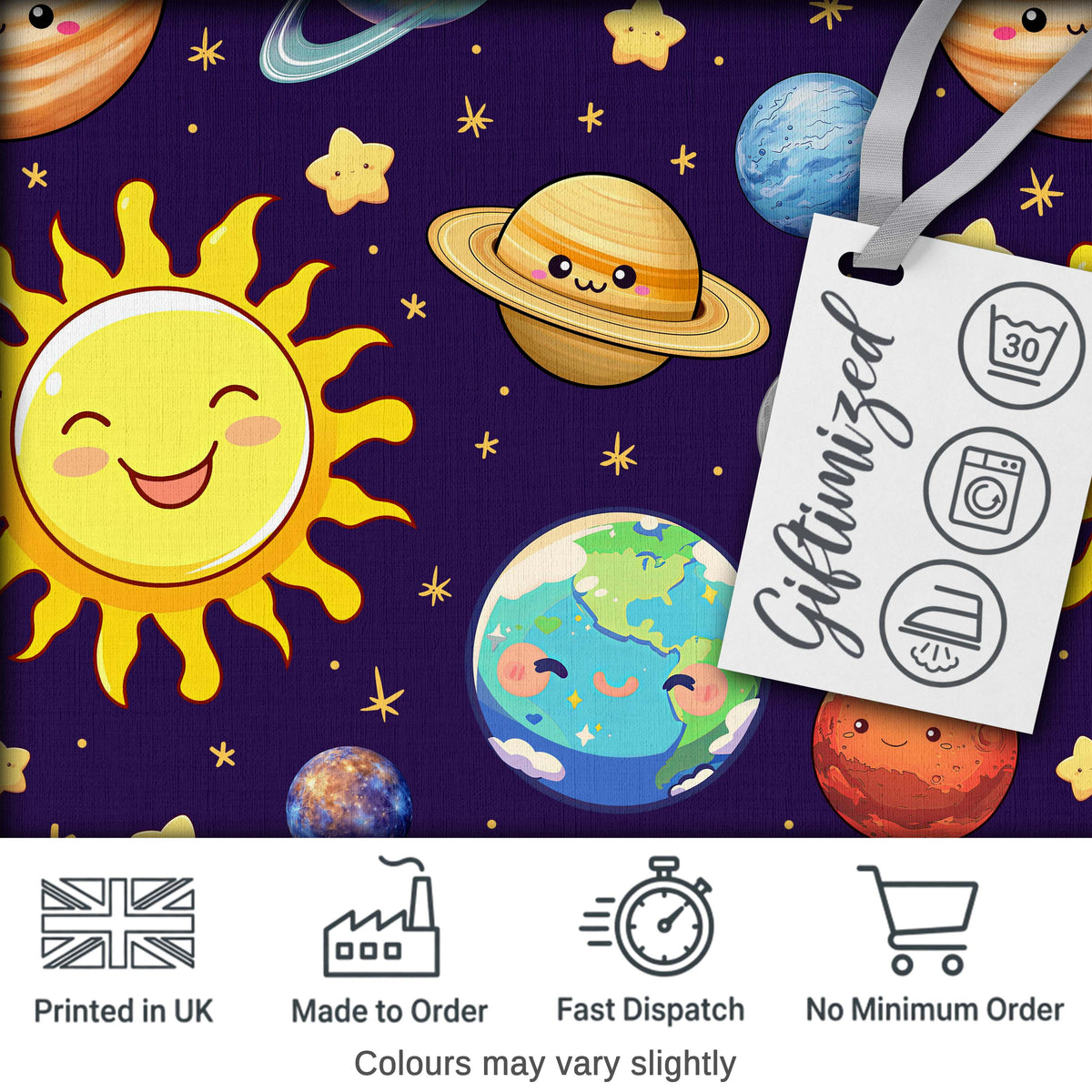 Solar System Sun Earth Saturn Planets Stars Seamless Purple Background Digital Print Fabric by the Metre UK Sewing Quilting Textile