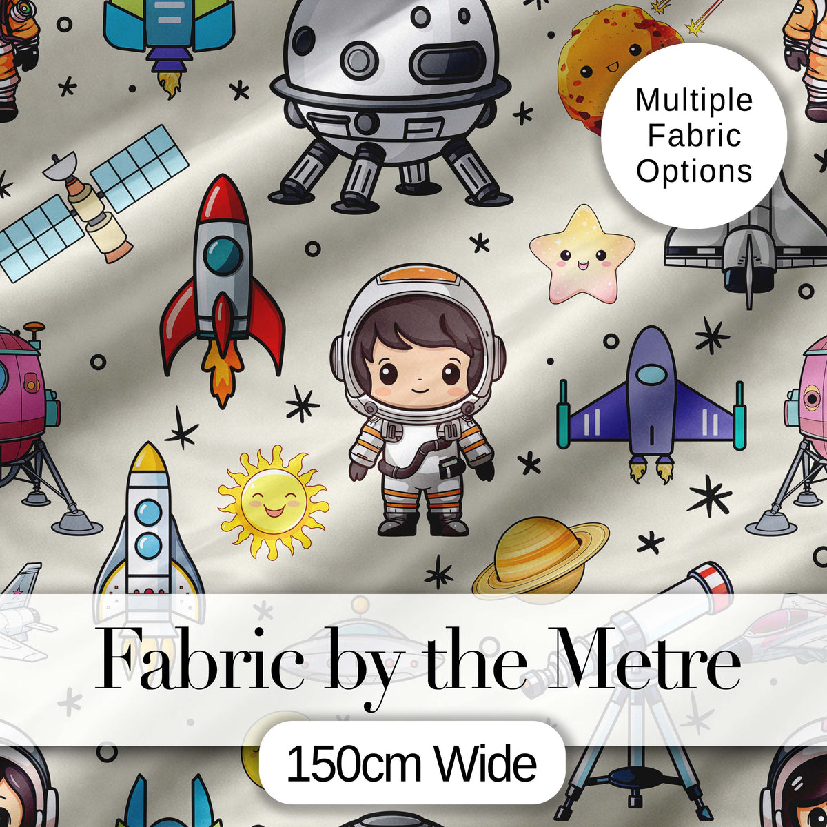 Space Astronaut Rockets UFO Telescope Stars Seamless Cream Background Digital Print Fabric by the Metre UK Sewing Quilting Textile