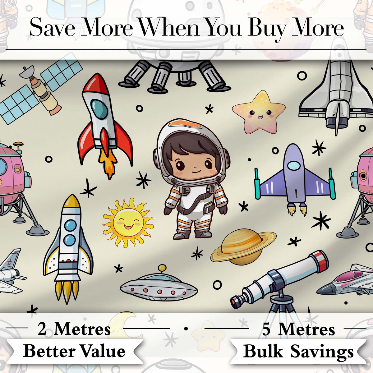 Space Astronaut Rockets UFO Telescope Stars Seamless Cream Background Digital Print Fabric by the Metre UK Sewing Quilting Textile