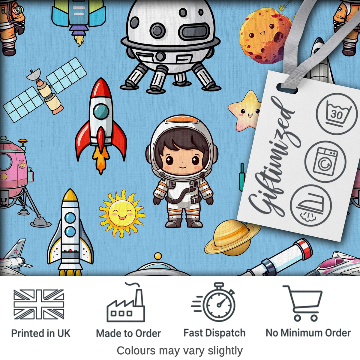 Space Astronaut Rockets UFO Telescope Stars Seamless Blue Background Digital Print Fabric by the Metre UK Sewing Quilting Textile