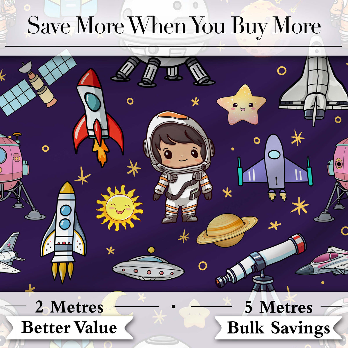 Space Astronaut Rockets UFO Telescope Stars Seamless Deep Purple Background Digital Print Fabric by the Metre UK Sewing Quilting Textile