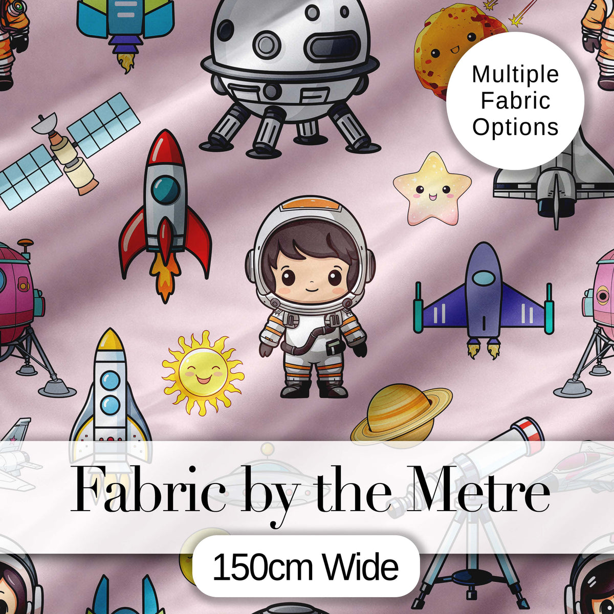 Space Astronaut Rockets UFO Telescope Stars Seamless Blush Green Background Digital Print Fabric by the Metre UK Sewing Quilting Textile