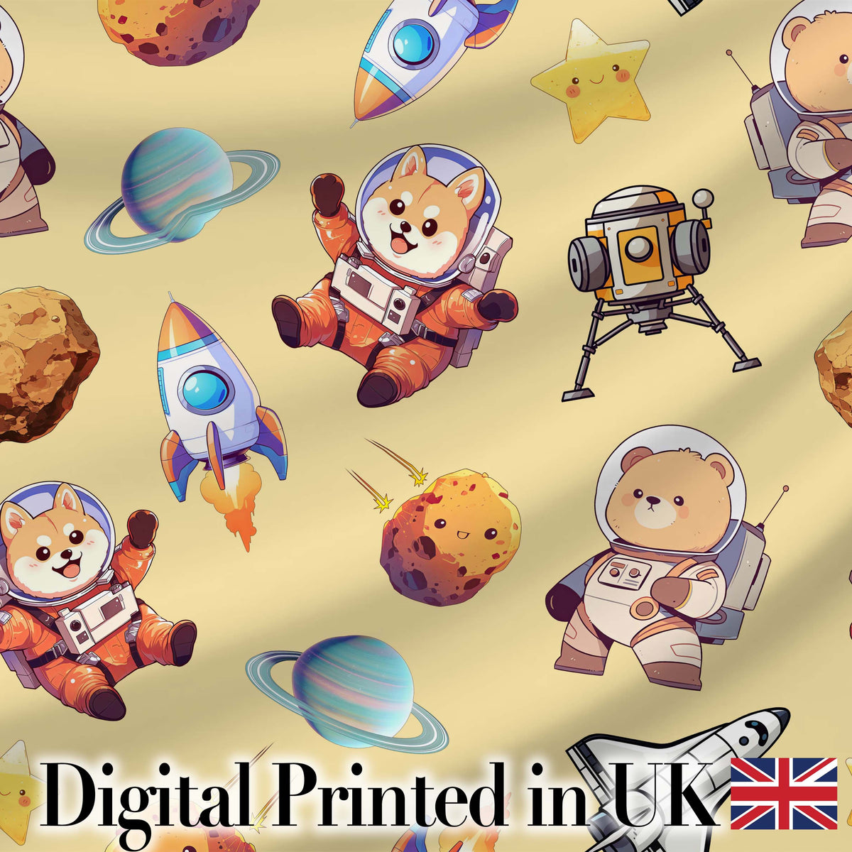 Space Dog Bear Astronaut Rocket Planets Stars Seamless Soft Yellow Background Digital Print Fabric by the Metre UK Sewing Quilting Textile