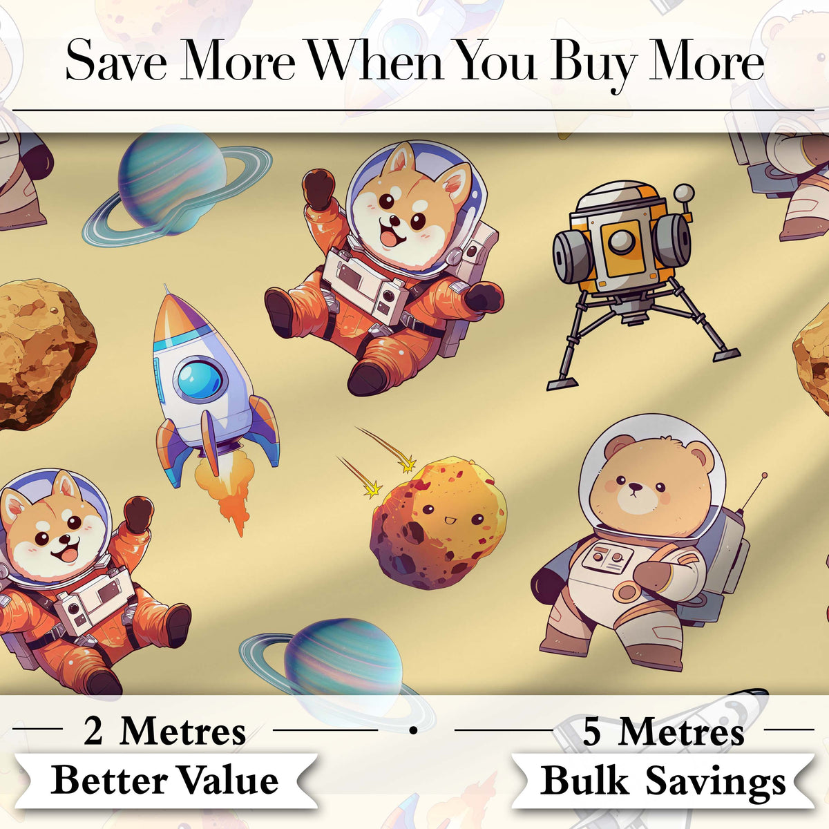 Space Dog Bear Astronaut Rocket Planets Stars Seamless Soft Yellow Background Digital Print Fabric by the Metre UK Sewing Quilting Textile