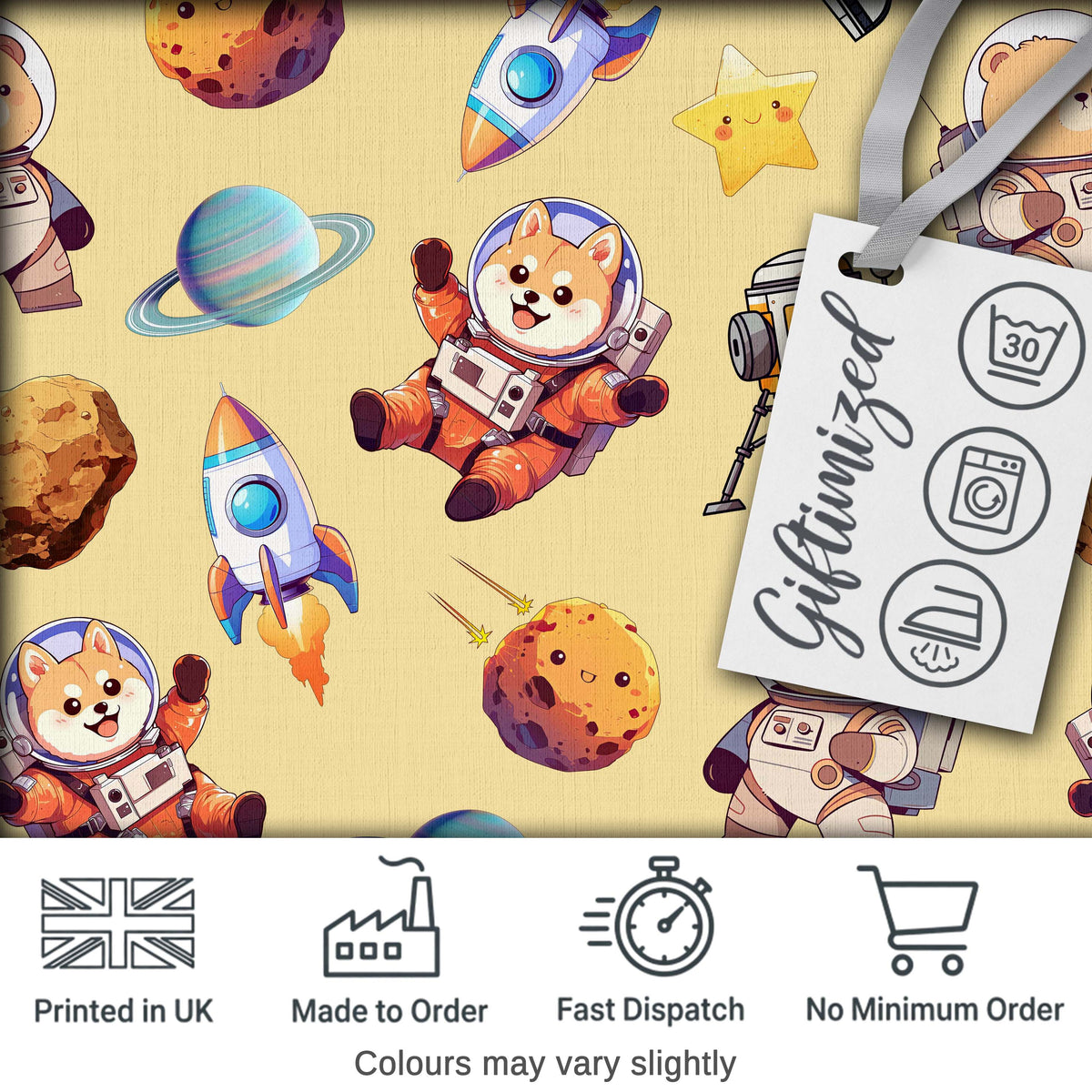 Space Dog Bear Astronaut Rocket Planets Stars Seamless Soft Yellow Background Digital Print Fabric by the Metre UK Sewing Quilting Textile