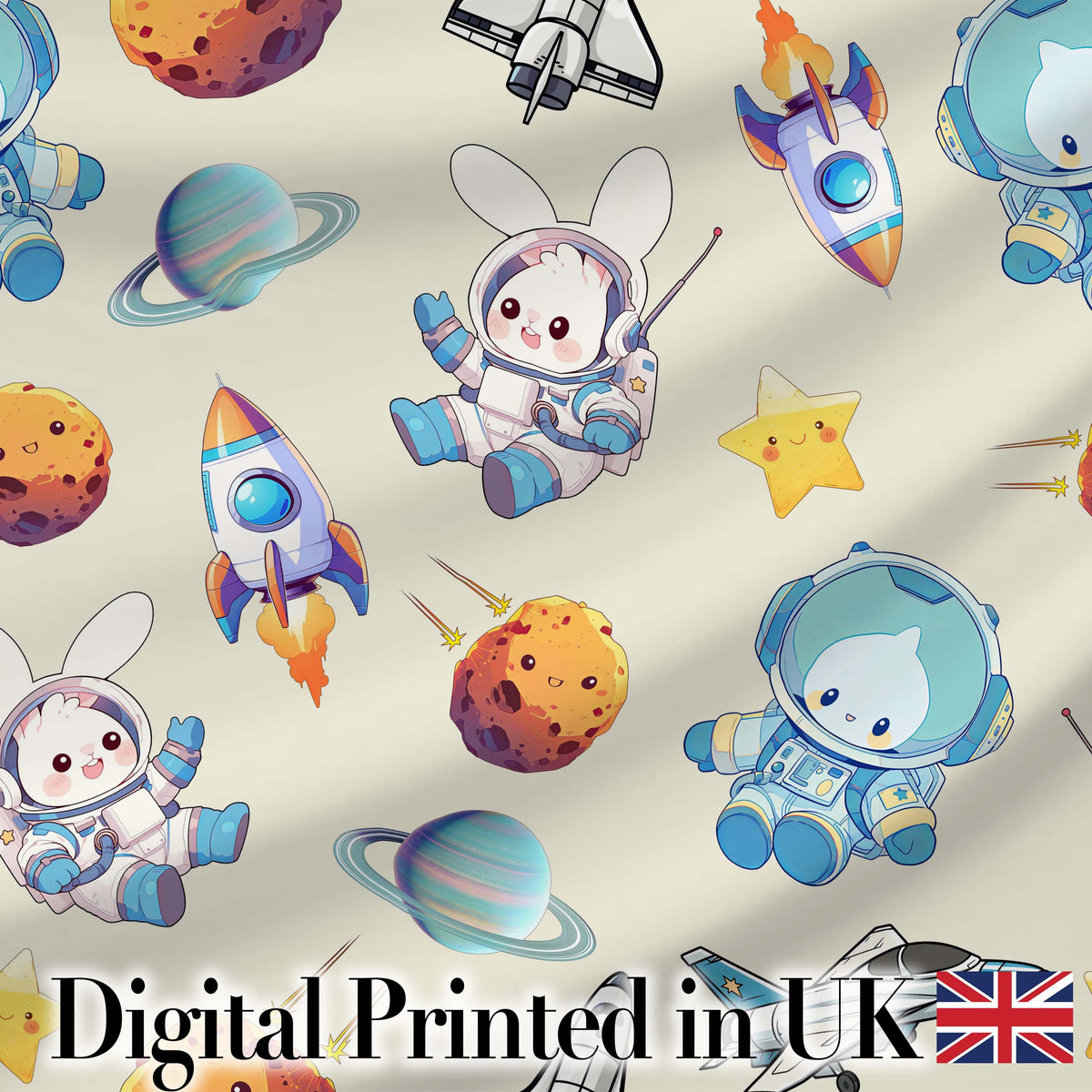 Bunny Astronaut Cat Space Rockets Planets Stars Seamless Cream Background Digital Print Fabric by the Metre UK Sewing Quilting Textile