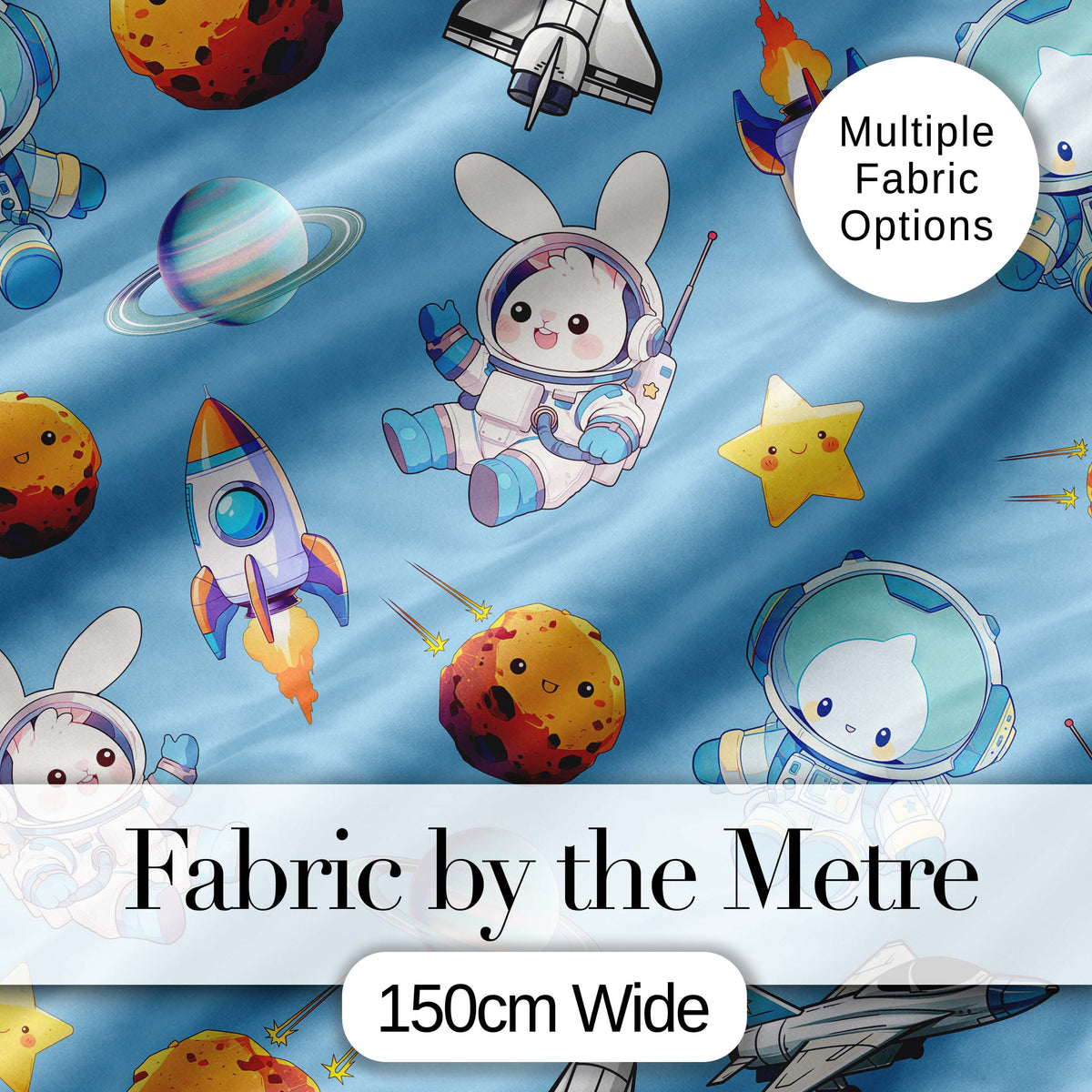 Bunny Astronaut Cat Space Rockets Planets Stars Seamless Blue Background Digital Print Fabric by the Metre UK Sewing Quilting Textile