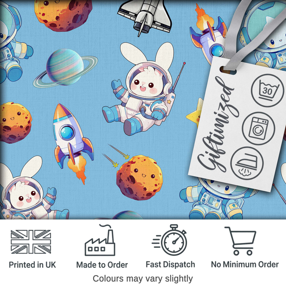 Bunny Astronaut Cat Space Rockets Planets Stars Seamless Blue Background Digital Print Fabric by the Metre UK Sewing Quilting Textile
