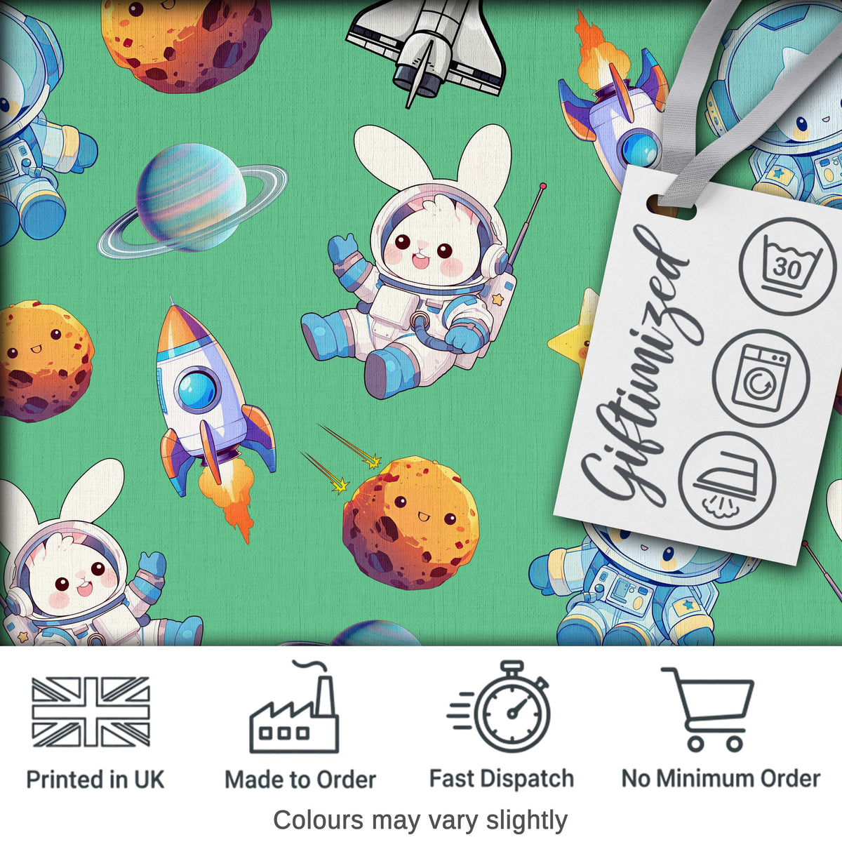 Bunny Astronaut Cat Space Rockets Planets Stars Seamless Green Background Digital Print Fabric by the Metre UK Sewing Quilting Textile