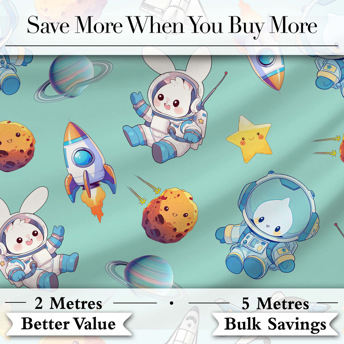 Bunny Astronaut Cat Space Rockets Planets Stars Seamless Teal Background Digital Print Fabric by the Metre UK Sewing Quilting Textile
