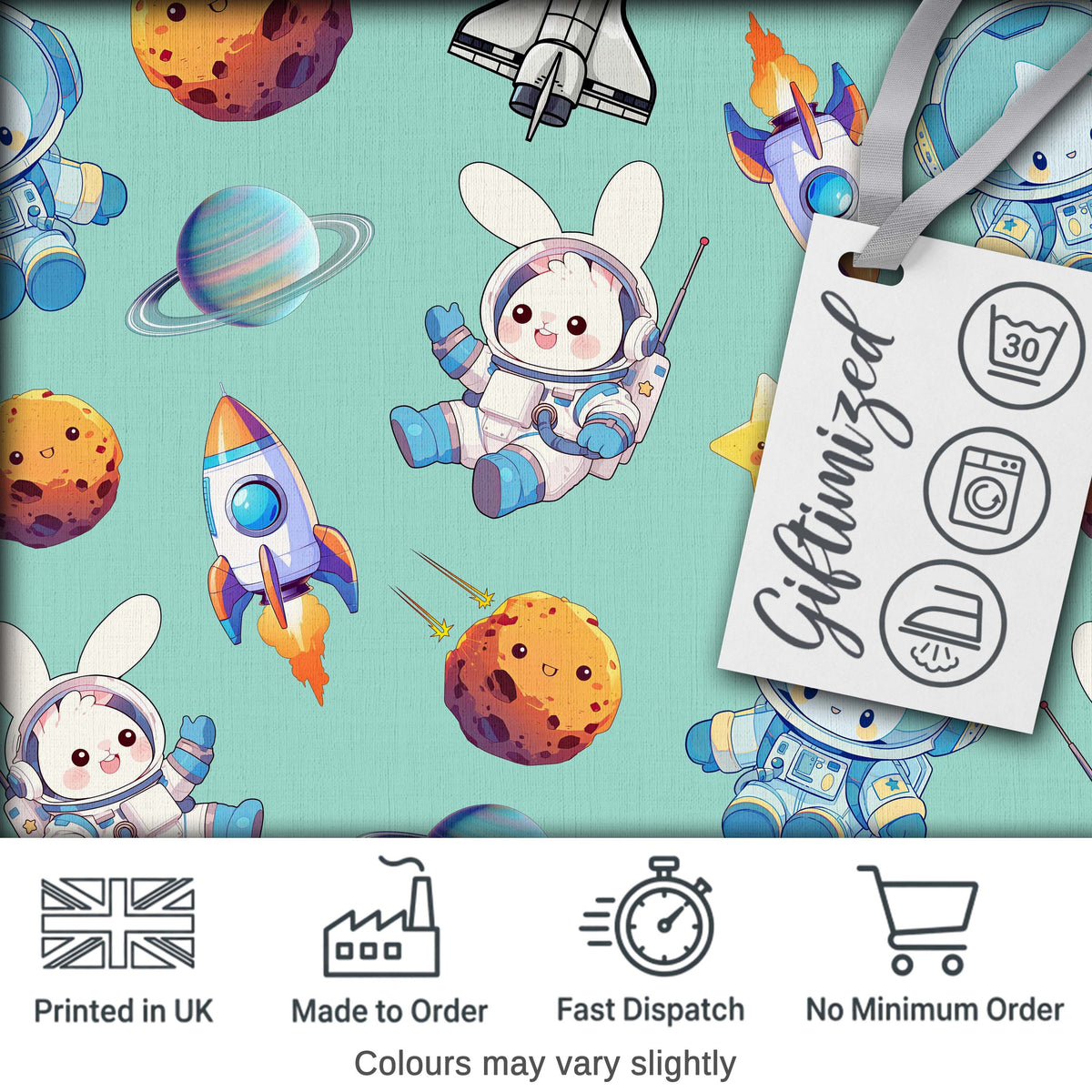 Bunny Astronaut Cat Space Rockets Planets Stars Seamless Teal Background Digital Print Fabric by the Metre UK Sewing Quilting Textile