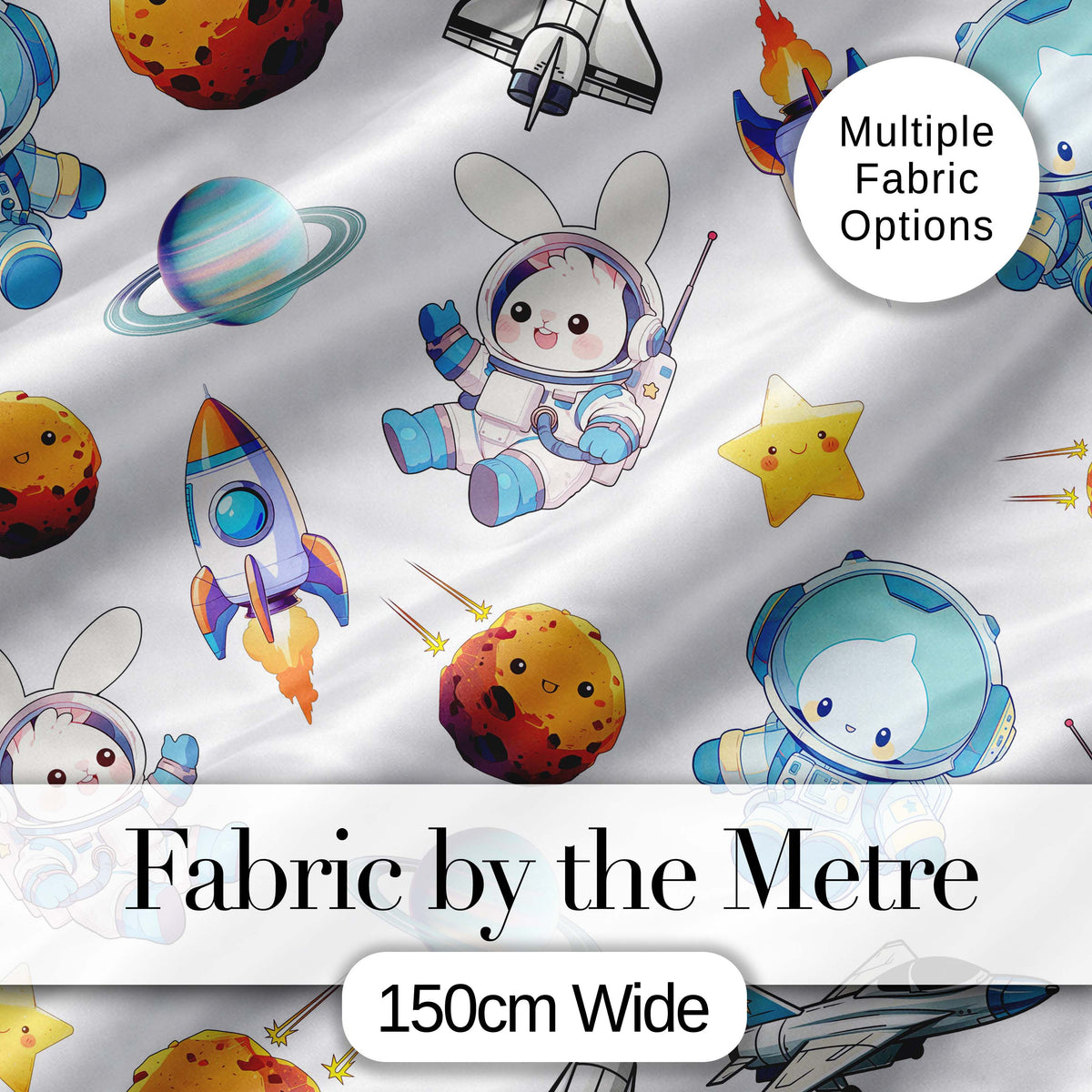 Bunny Astronaut Cat Space Rockets Planets Stars Seamless Grey Background Digital Print Fabric by the Metre UK Sewing Quilting Textile