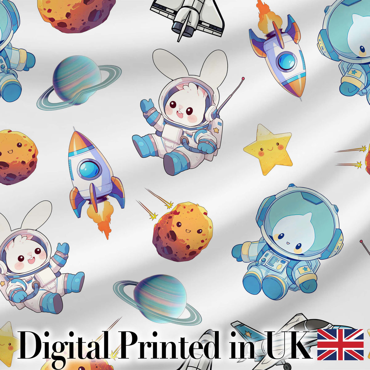 Bunny Astronaut Cat Space Rockets Planets Stars Seamless Grey Background Digital Print Fabric by the Metre UK Sewing Quilting Textile