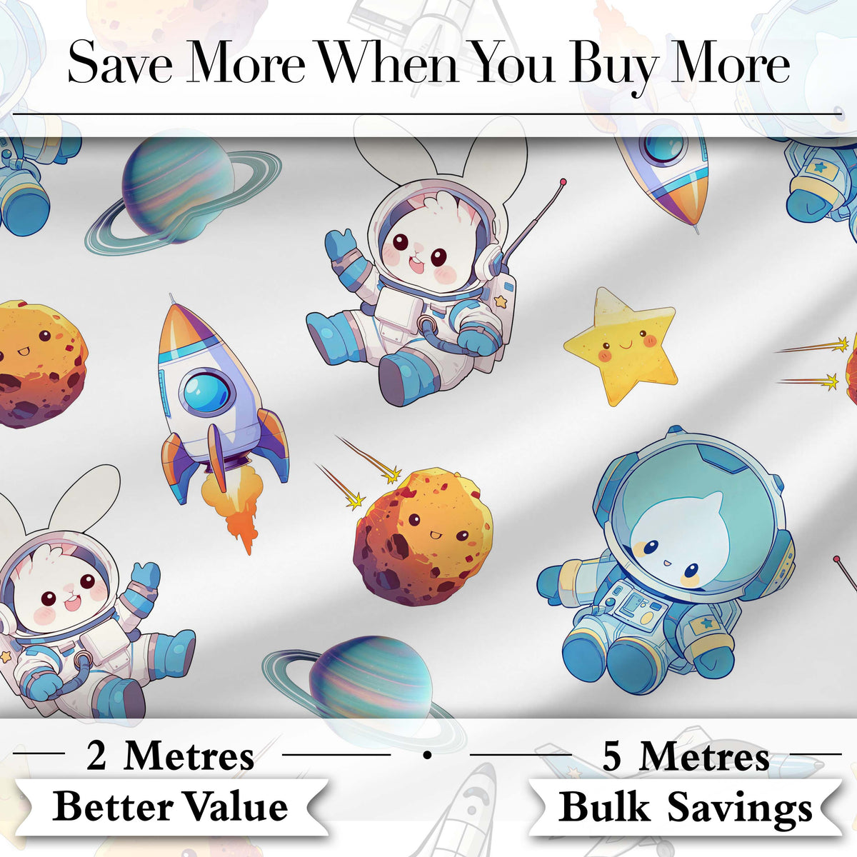 Bunny Astronaut Cat Space Rockets Planets Stars Seamless Grey Background Digital Print Fabric by the Metre UK Sewing Quilting Textile