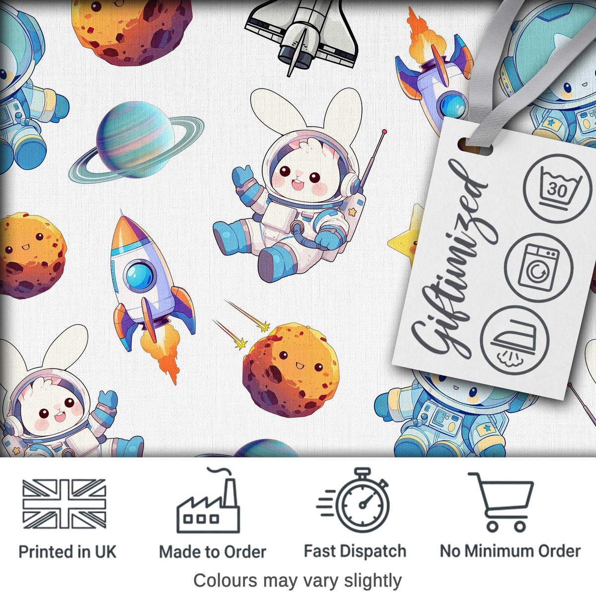 Bunny Astronaut Cat Space Rockets Planets Stars Seamless Grey Background Digital Print Fabric by the Metre UK Sewing Quilting Textile