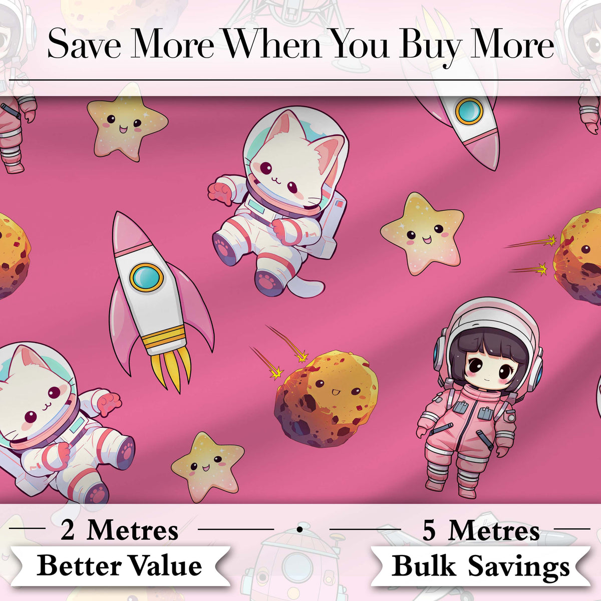 Cat Astronaut Girl Rockets Stars Space Seamless Pink Background Digital Print Fabric by the Metre UK Sewing Quilting Textile