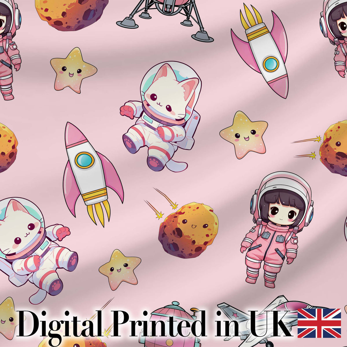 Cat Astronaut Girl Rockets Stars Space Seamless Light Pink Background Digital Print Fabric by the Metre UK Sewing Quilting Textile