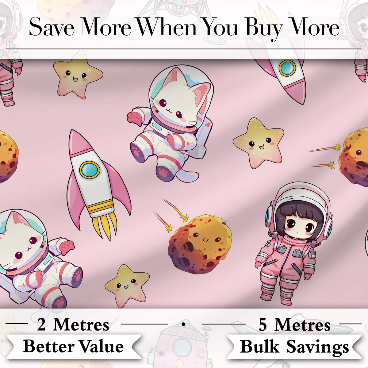 Cat Astronaut Girl Rockets Stars Space Seamless Light Pink Background Digital Print Fabric by the Metre UK Sewing Quilting Textile