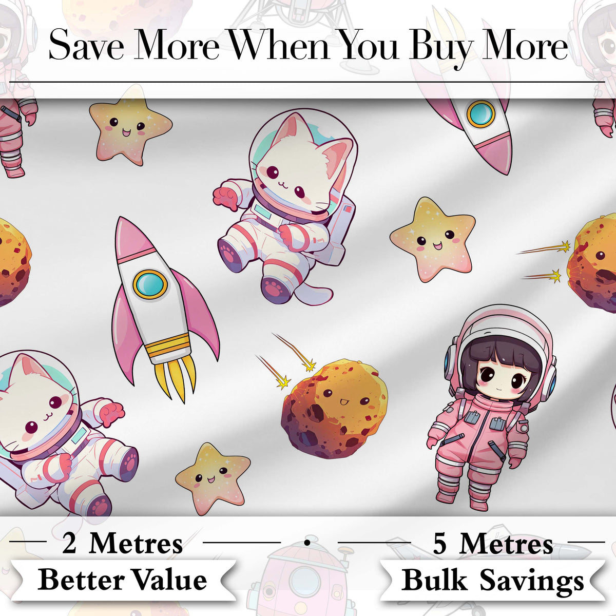 Cat Astronaut Girl Rockets Stars Space Seamless Grey Background Digital Print Fabric by the Metre UK Sewing Quilting Textile