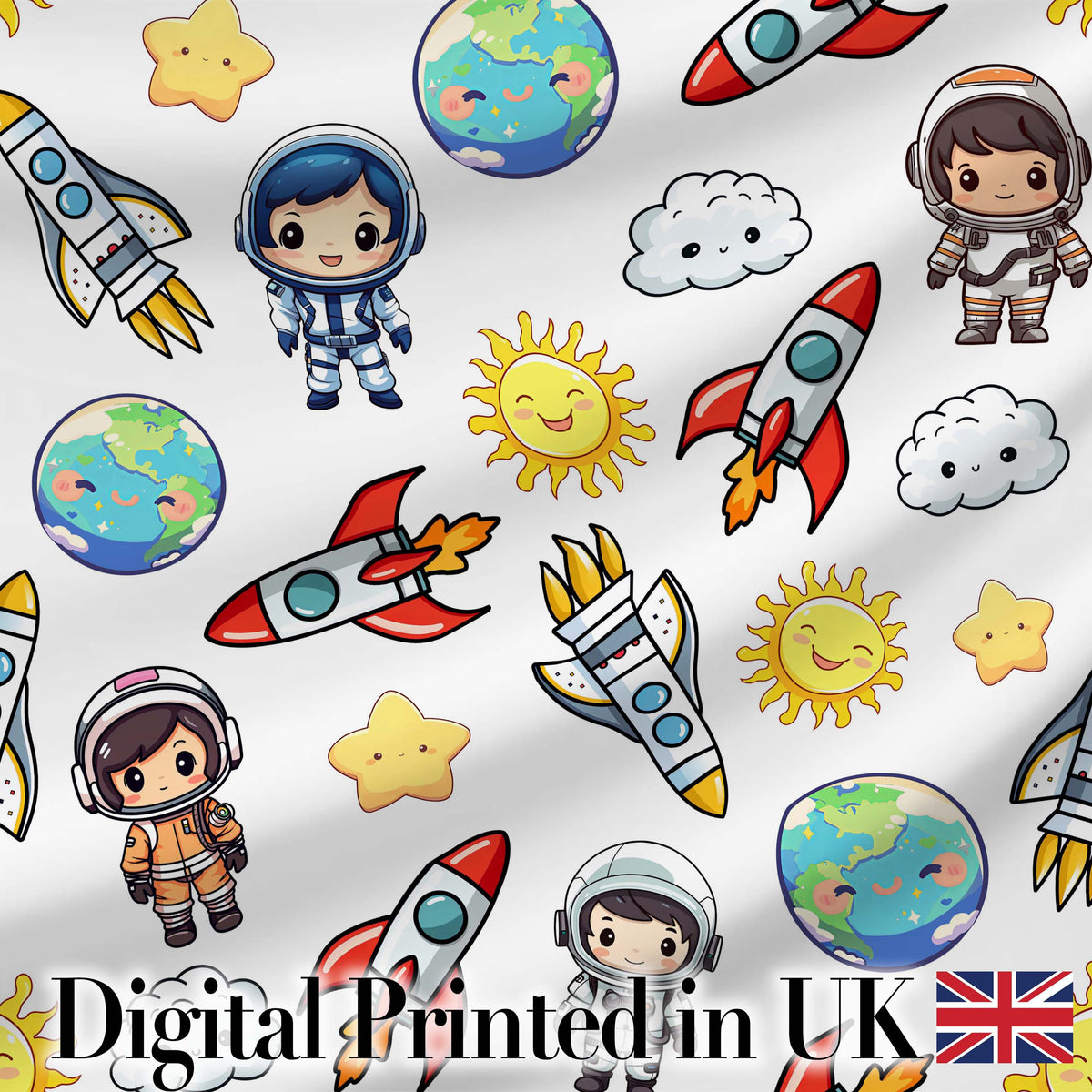 Kids Astronaut Rockets Sun Earth Clouds Space Seamless White Background Digital Print Fabric by the Metre UK Sewing Quilting Textile
