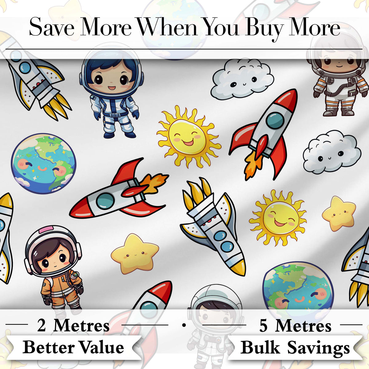 Kids Astronaut Rockets Sun Earth Clouds Space Seamless White Background Digital Print Fabric by the Metre UK Sewing Quilting Textile