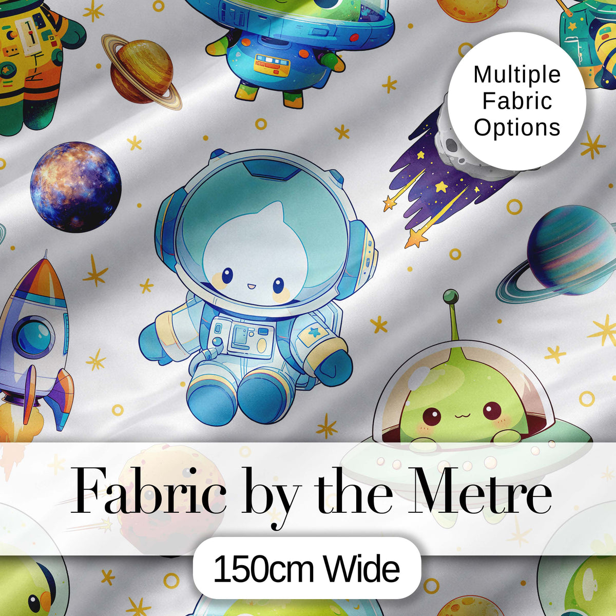 Space Alien Astronaut Planets Meteors UFO Seamless Light Background Digital Print Fabric by the Metre UK Sewing Quilting Textile