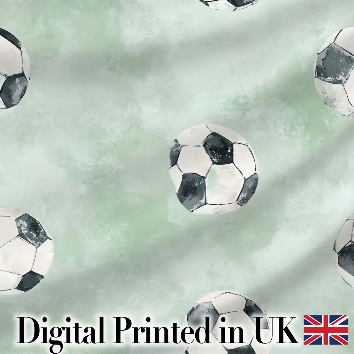 Watercolor Soccer Balls on Soft Green Background Seamless Pattern Digital Print Fabric by the Metre UK Sewing Quilting Textile