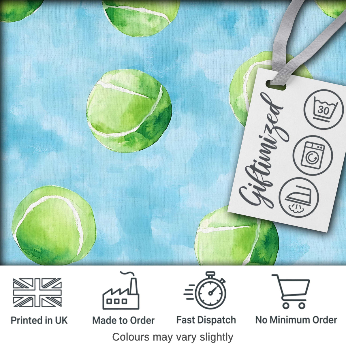Watercolor Tennis Balls on Soft Blue Background Seamless Pattern Digital Print Fabric by the Metre UK Sewing Quilting Textile