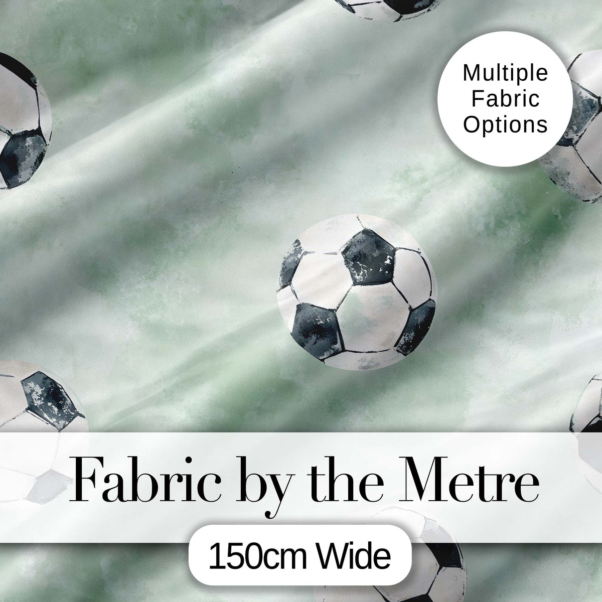 Watercolor Soccer Balls on Soft Green Background Seamless Pattern Digital Print Fabric by the Metre UK Sewing Quilting Textile