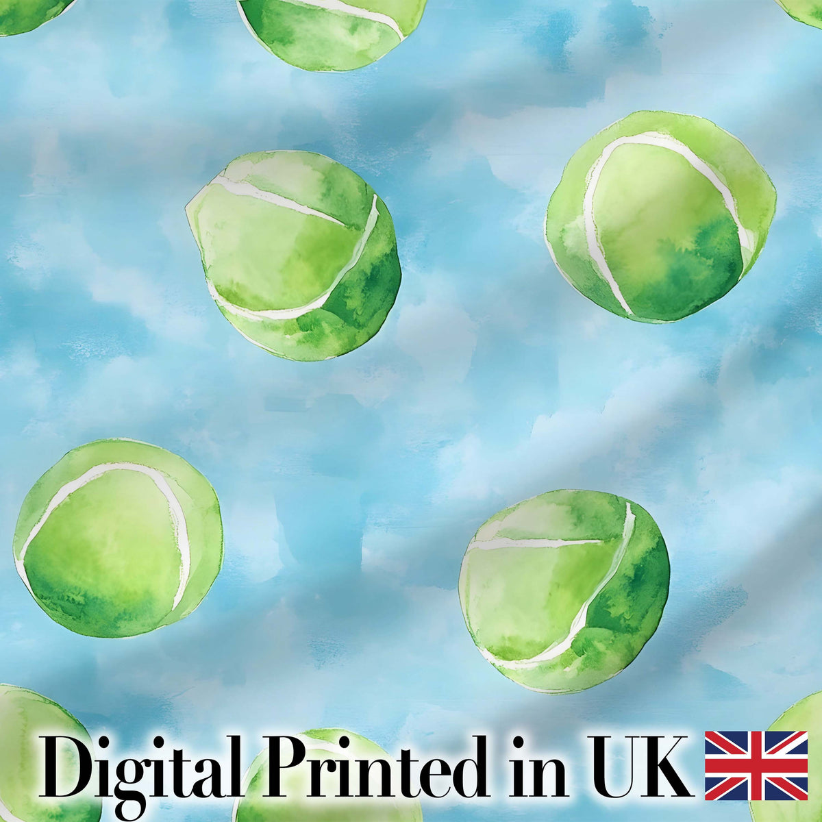 Watercolor Tennis Balls on Soft Blue Background Seamless Pattern Digital Print Fabric by the Metre UK Sewing Quilting Textile