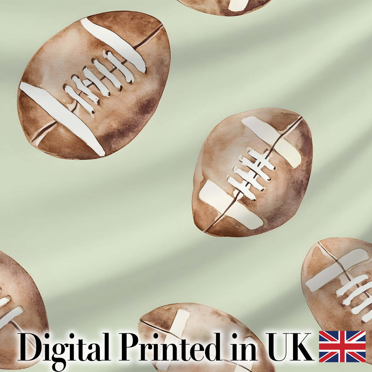 Watercolor American Football Balls on Soft Green Background Seamless Pattern Digital Print Fabric by the Metre UK Sewing Quilting Textile
