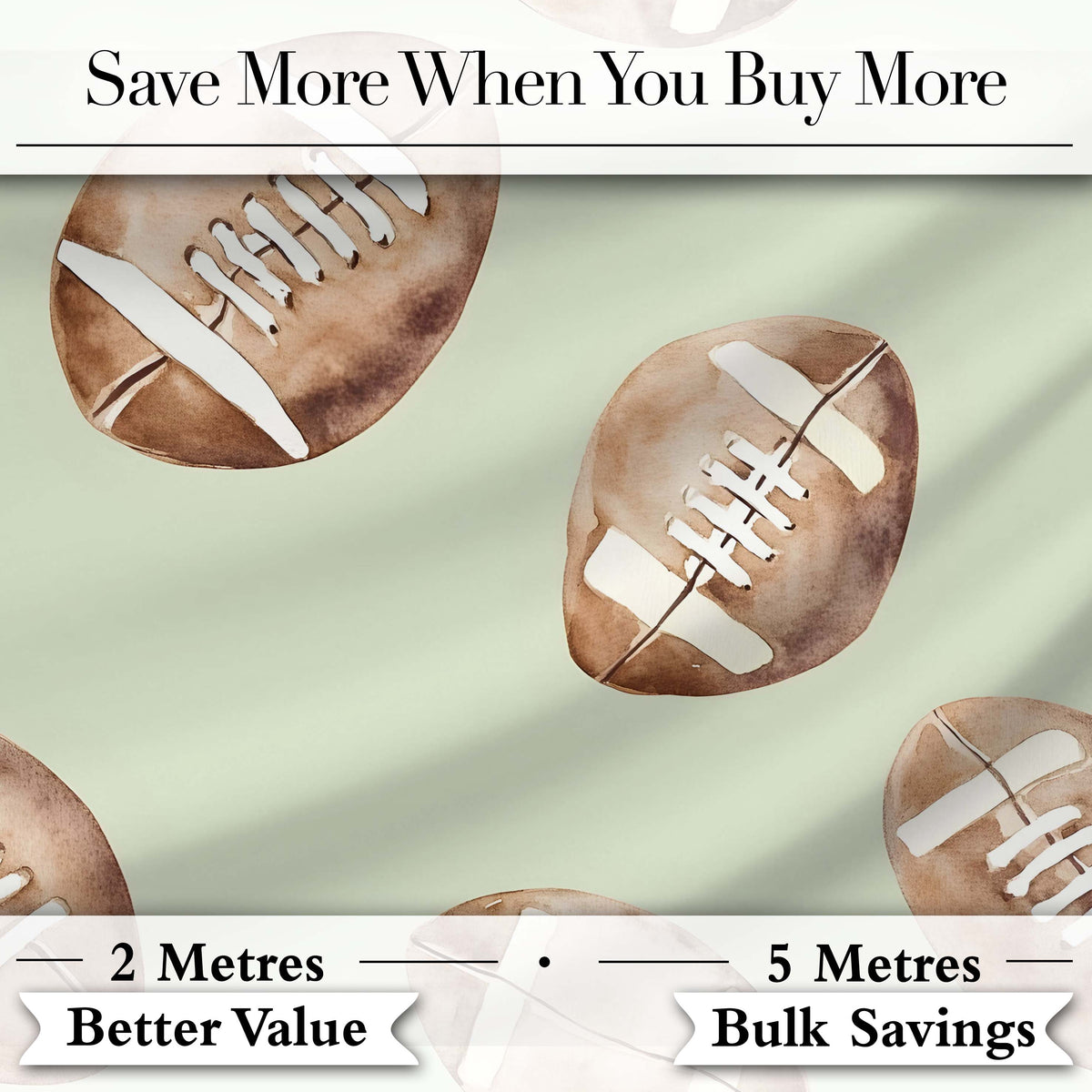 Watercolor American Football Balls on Soft Green Background Seamless Pattern Digital Print Fabric by the Metre UK Sewing Quilting Textile