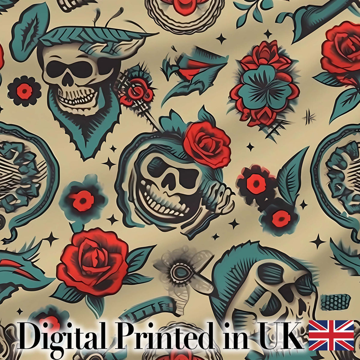 Bold Skull Roses Tattoo Art Seamless Pattern Digital Print Fabric by the Metre UK Sewing Quilting Textile