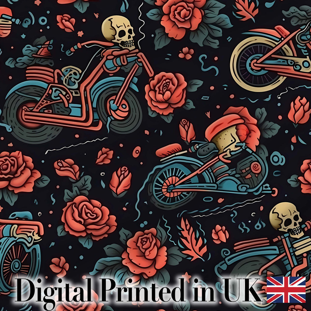 Skeleton Biker Roses Vintage Tattoo Seamless Pattern Digital Print Fabric by the Metre UK Sewing Quilting Textile