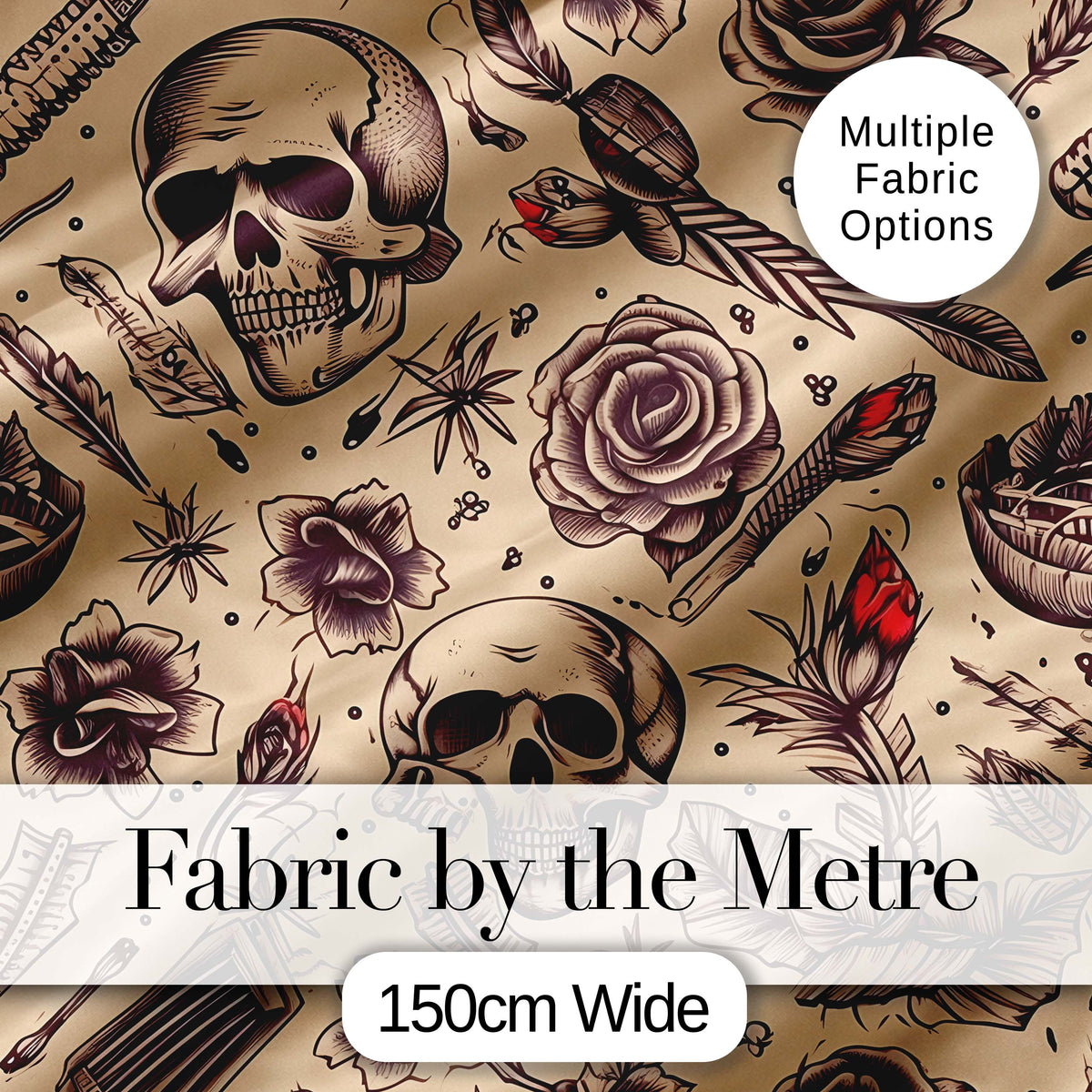 Vintage Skull Roses Feather Tattoo Seamless Pattern Digital Print Fabric by the Metre UK Sewing Quilting Textile