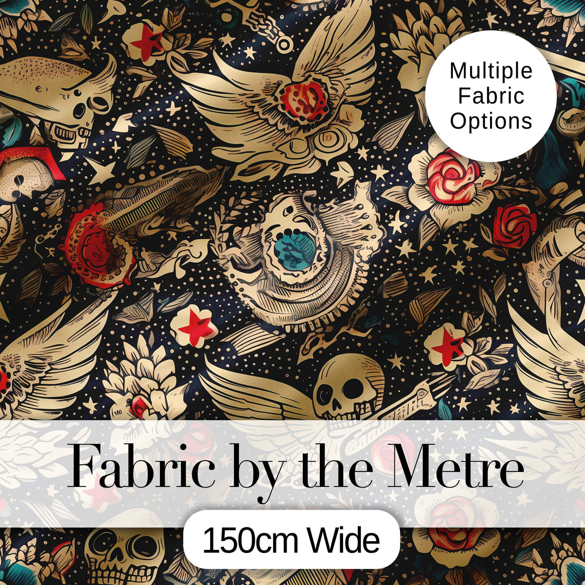 Mystic Skull Wings Stars Floral Seamless Pattern Digital Print Fabric by the Metre UK Sewing Quilting Textile