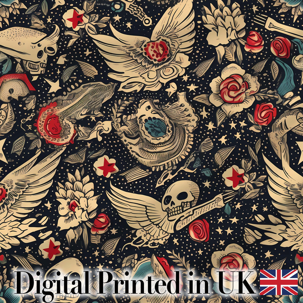 Mystic Skull Wings Stars Floral Seamless Pattern Digital Print Fabric by the Metre UK Sewing Quilting Textile