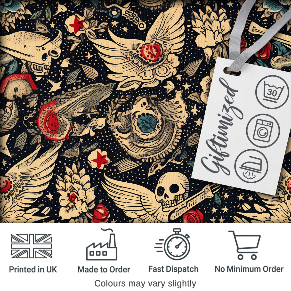 Mystic Skull Wings Stars Floral Seamless Pattern Digital Print Fabric by the Metre UK Sewing Quilting Textile