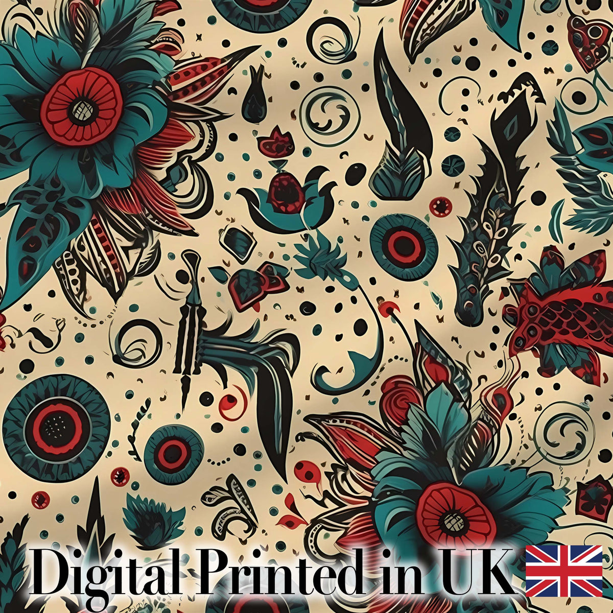 Abstract Floral Folk Art Tattoo Seamless Pattern Digital Print Fabric by the Metre UK Sewing Quilting Textile