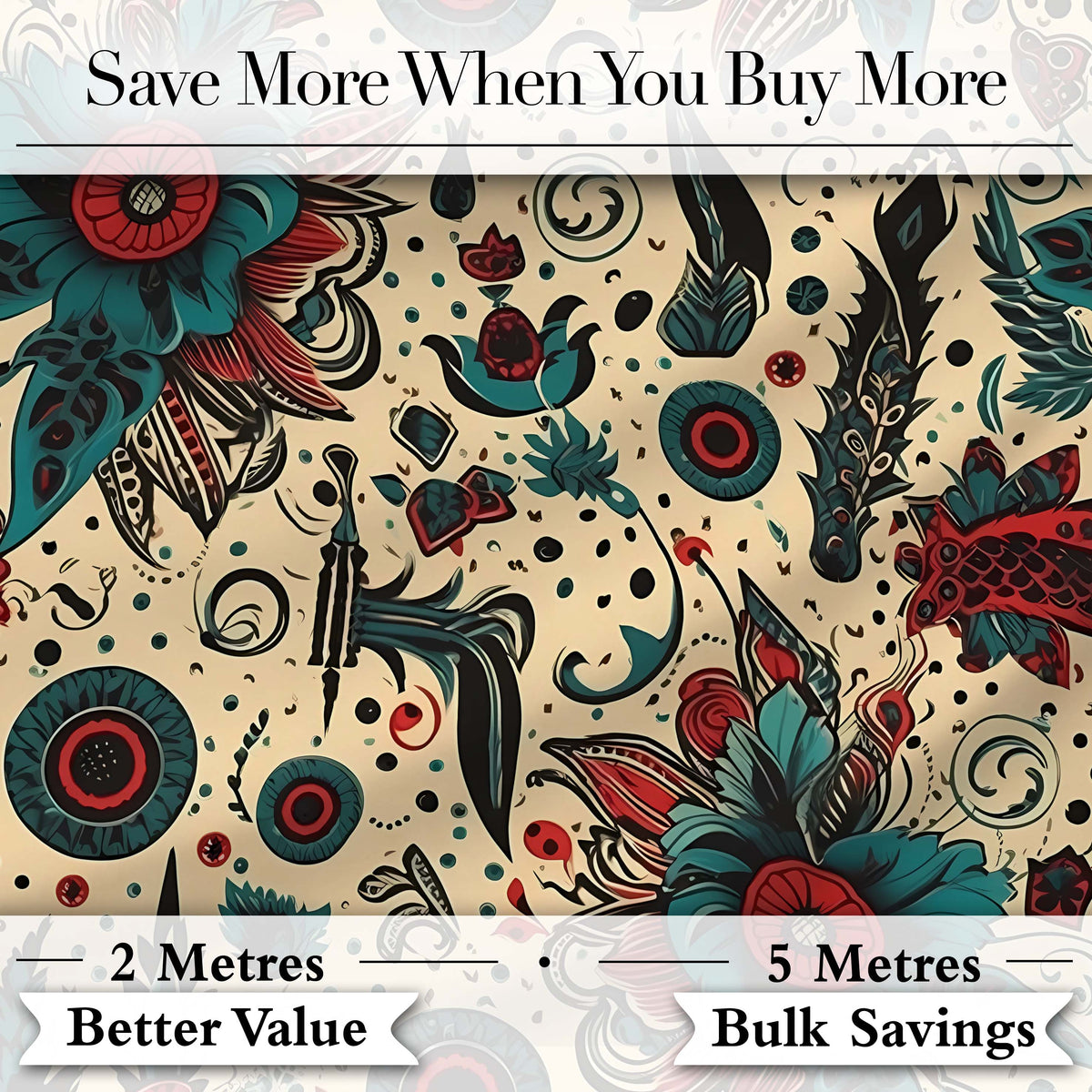 Abstract Floral Folk Art Tattoo Seamless Pattern Digital Print Fabric by the Metre UK Sewing Quilting Textile