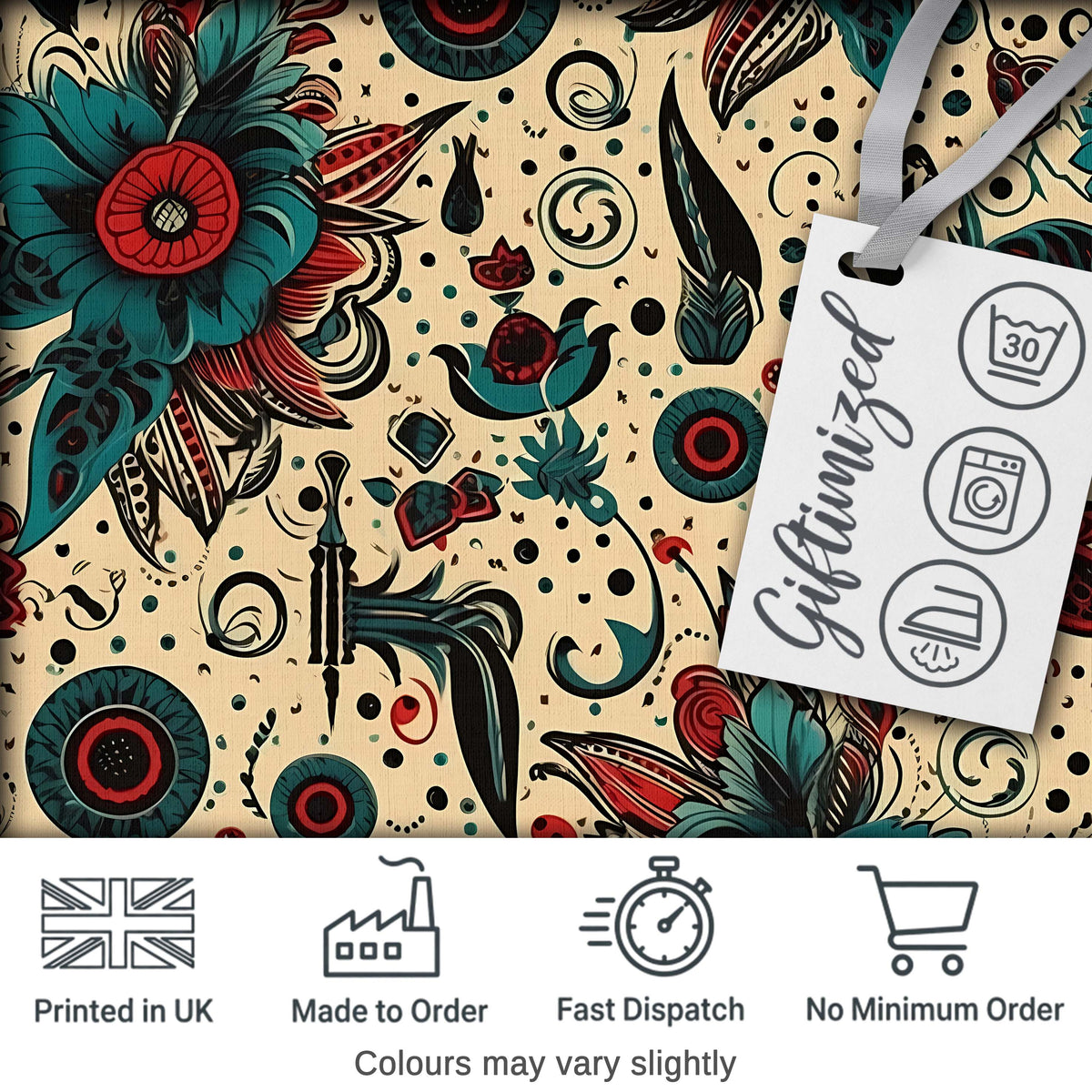 Abstract Floral Folk Art Tattoo Seamless Pattern Digital Print Fabric by the Metre UK Sewing Quilting Textile