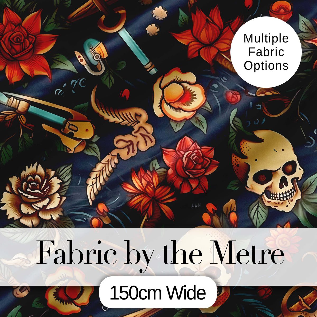 Dark Skull Floral Dagger Tattoo Seamless Pattern Digital Print Fabric by the Metre UK Sewing Quilting Textile