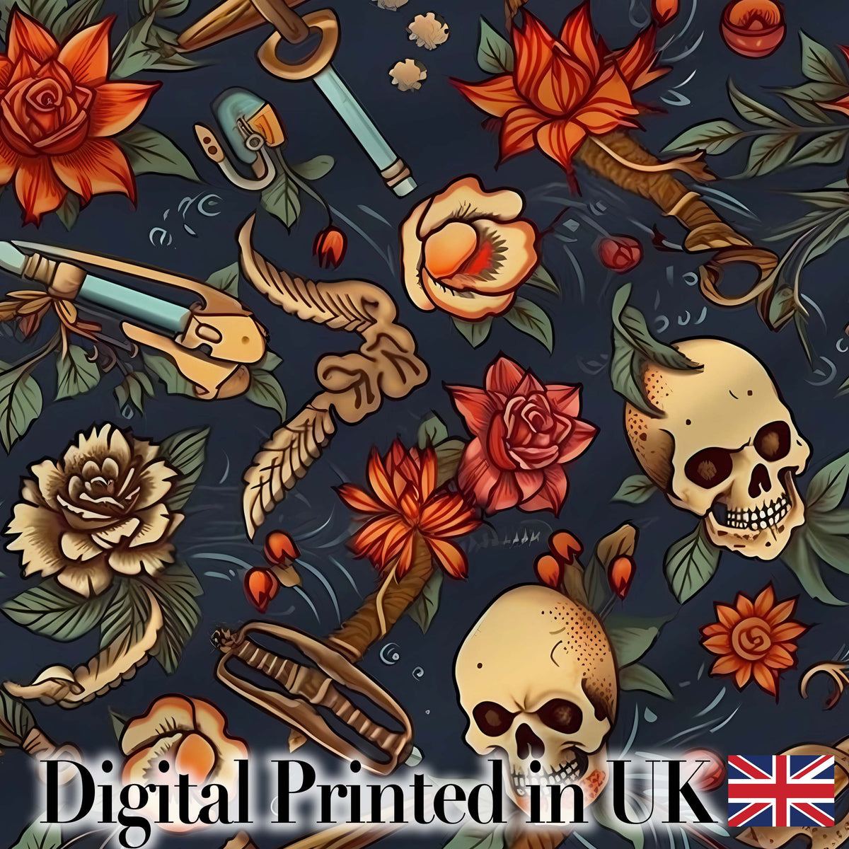 Dark Skull Floral Dagger Tattoo Seamless Pattern Digital Print Fabric by the Metre UK Sewing Quilting Textile