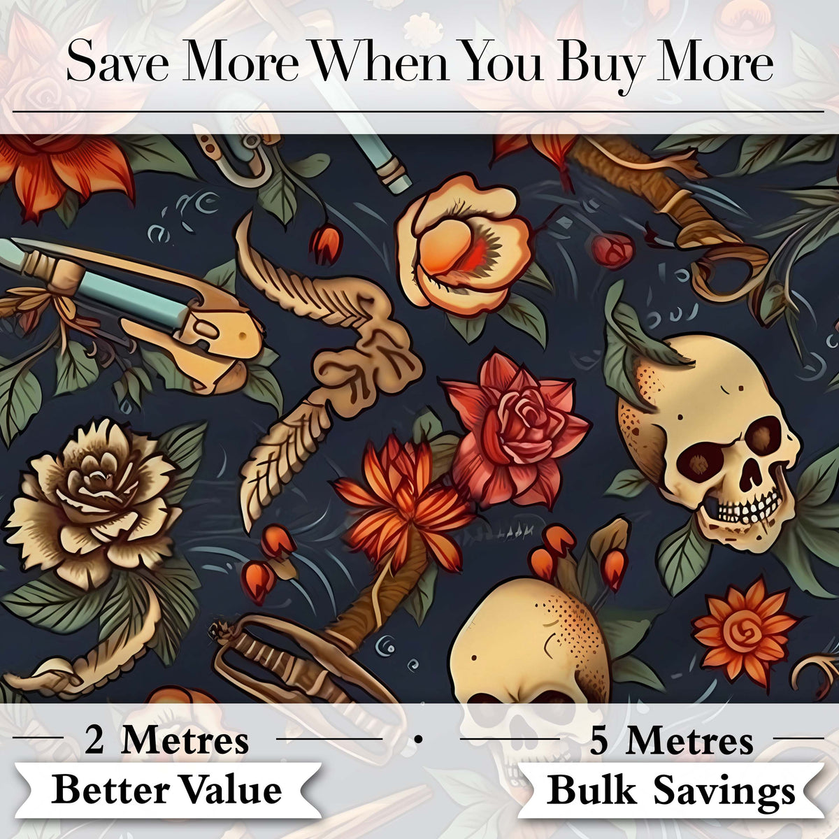 Dark Skull Floral Dagger Tattoo Seamless Pattern Digital Print Fabric by the Metre UK Sewing Quilting Textile