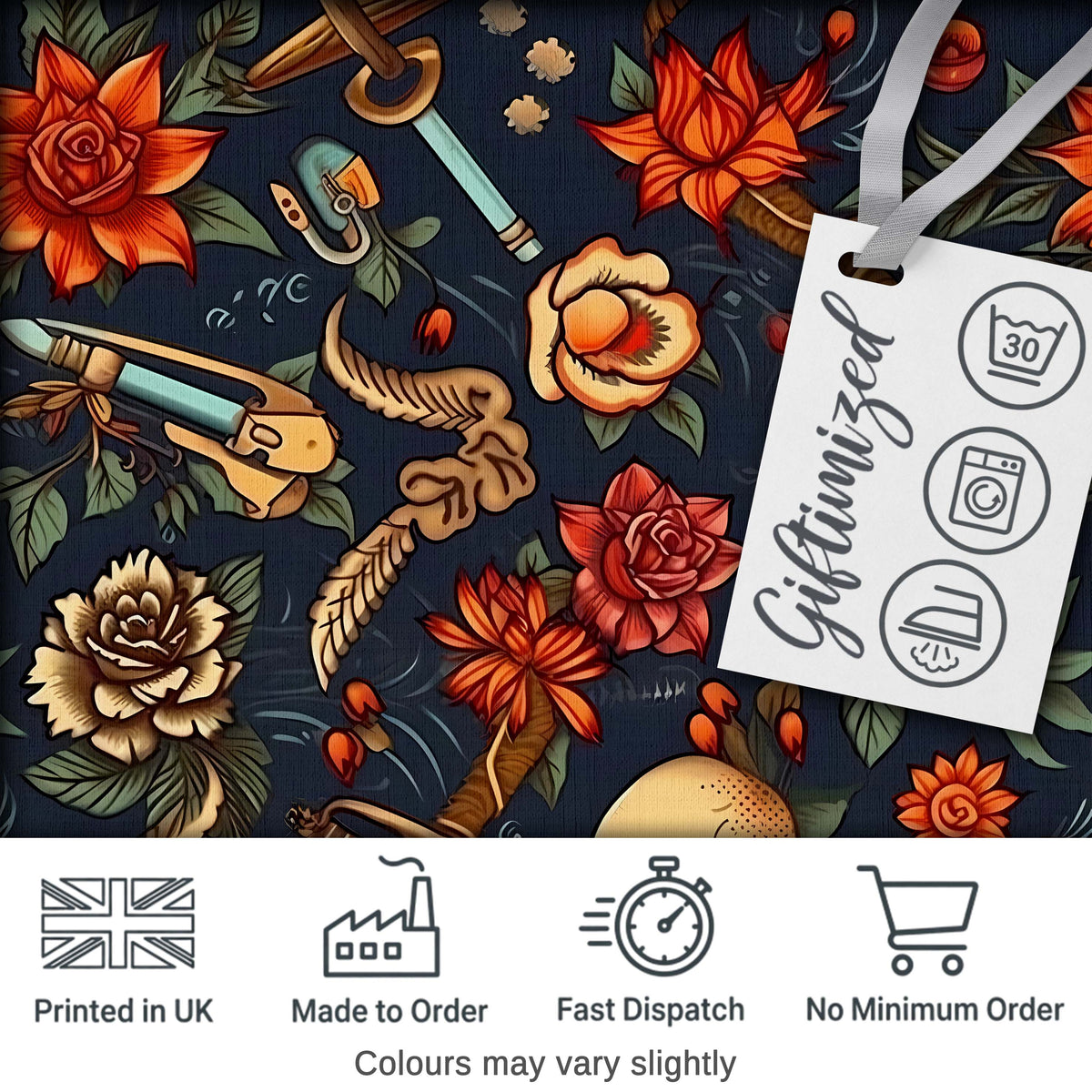 Dark Skull Floral Dagger Tattoo Seamless Pattern Digital Print Fabric by the Metre UK Sewing Quilting Textile