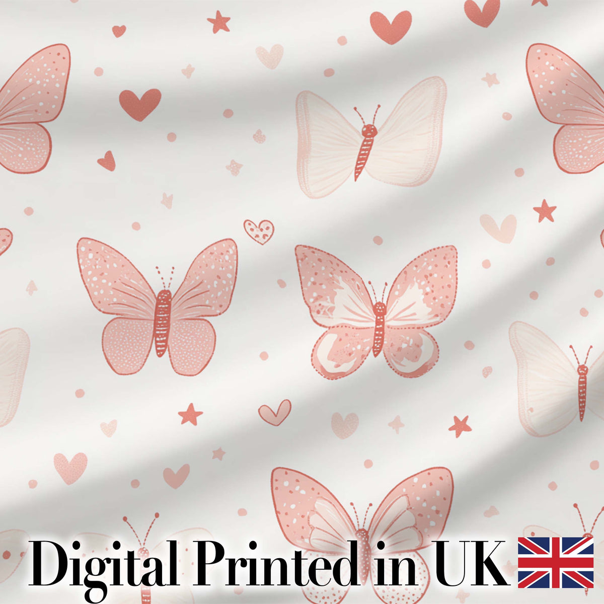 Cute Pink Butterfly Hearts Soft Pastel Seamless Pattern Digital Print Fabric by the Metre UK Sewing Quilting Textile