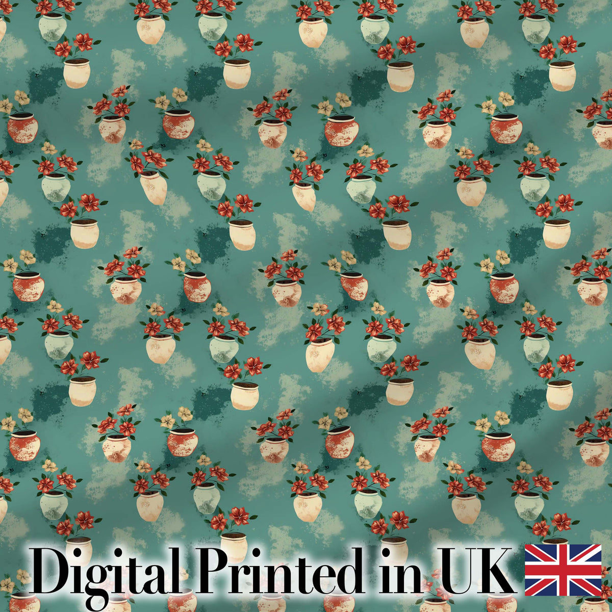 Vintage Floral Pots Rustic Garden Seamless Pattern Digital Print Fabric by the Metre UK Sewing Quilting Textile